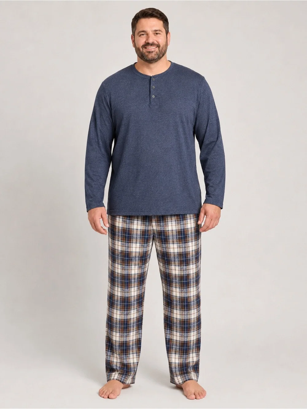 NWT Stafford Men's XL 2-Piece Sleep Set Plaid Fleece Pants Henley Top Blue Brown